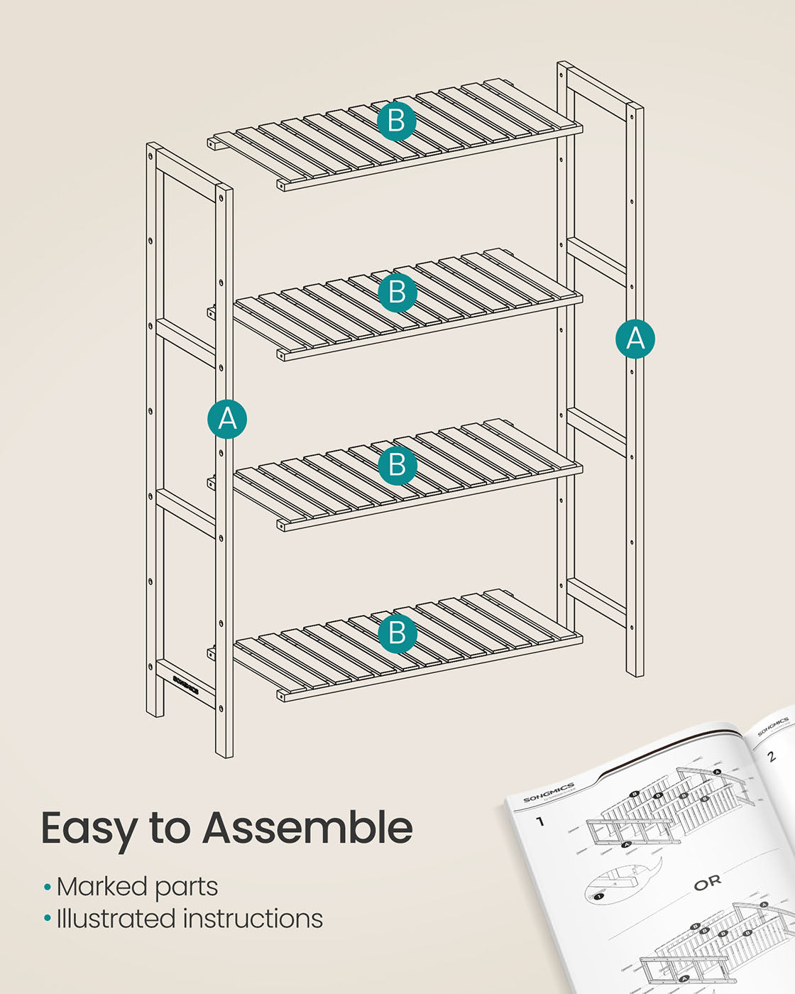 Bamboo Storage Shelf 4-Tier Shelving Unit 26 x 60 x 100 cm White and Natural - image 6