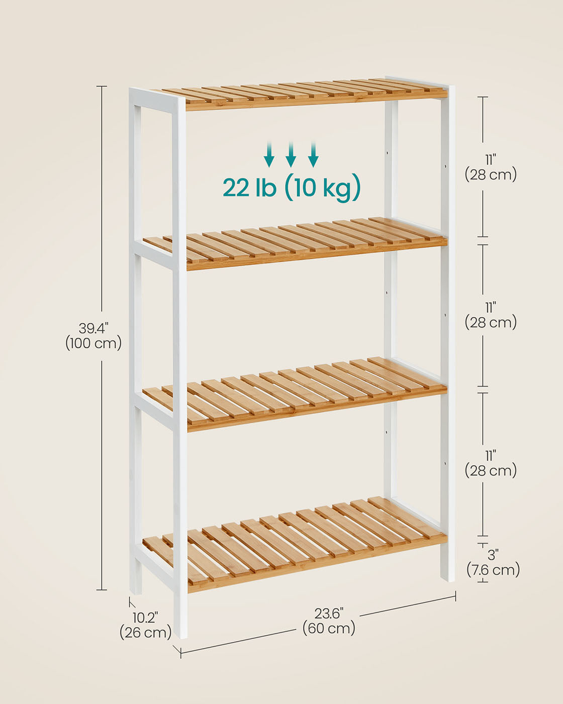 Bamboo Storage Shelf 4-Tier Shelving Unit 26 x 60 x 100 cm White and Natural - image 7