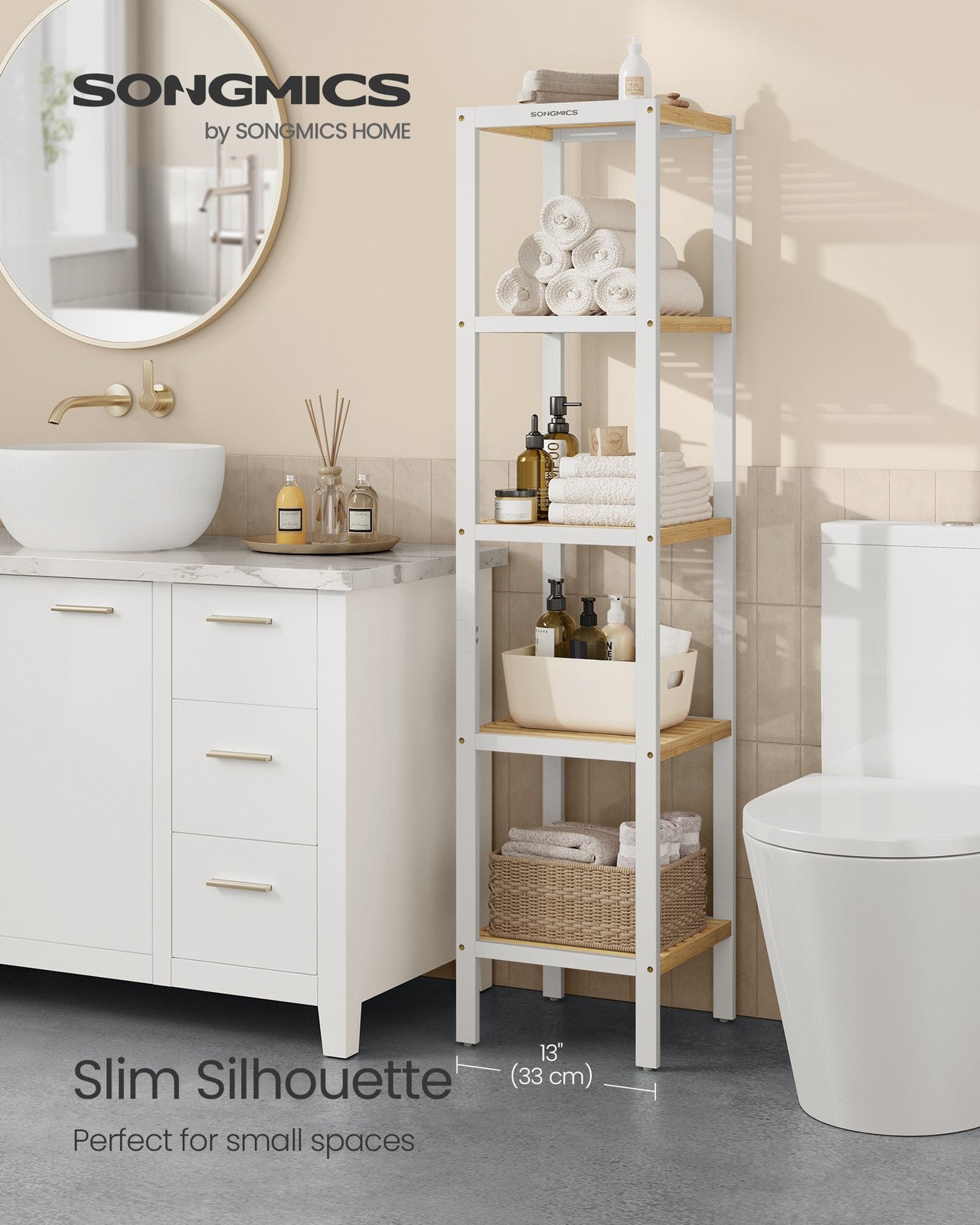 5-Tier Bamboo Bathroom Shelf Cloud White and Natural Beige - image 2