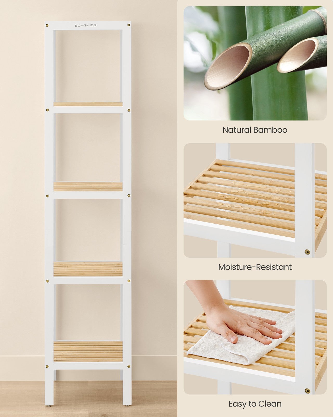 5-Tier Bamboo Bathroom Shelf Cloud White and Natural Beige - image 3