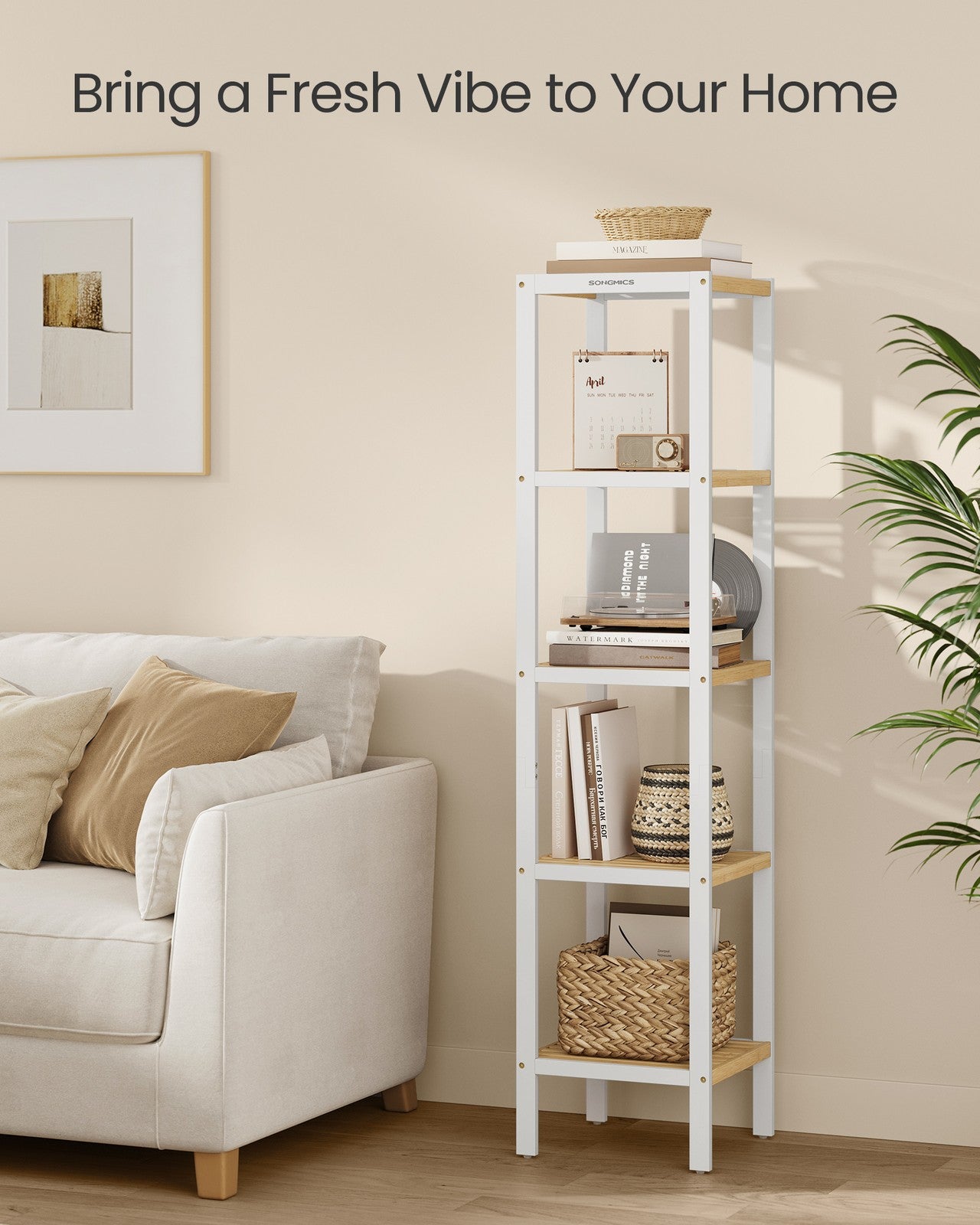 5-Tier Bamboo Bathroom Shelf Cloud White and Natural Beige - image 4