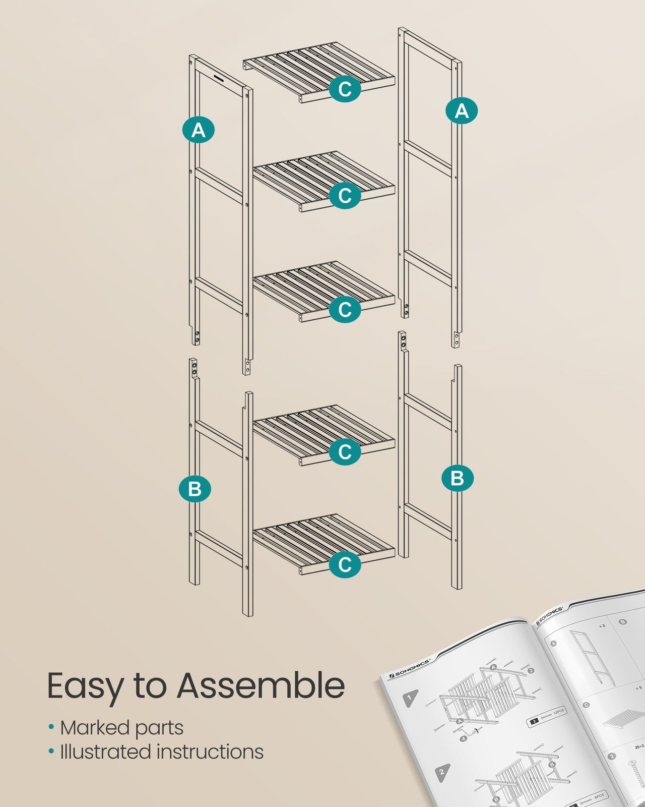 5-Tier Bamboo Bathroom Shelf Cloud White and Natural Beige - image 7
