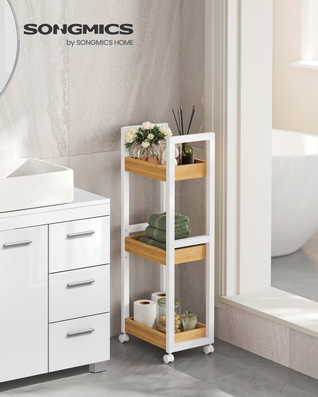 3-Tier Slim Storage Trolley White and Natural - image 2