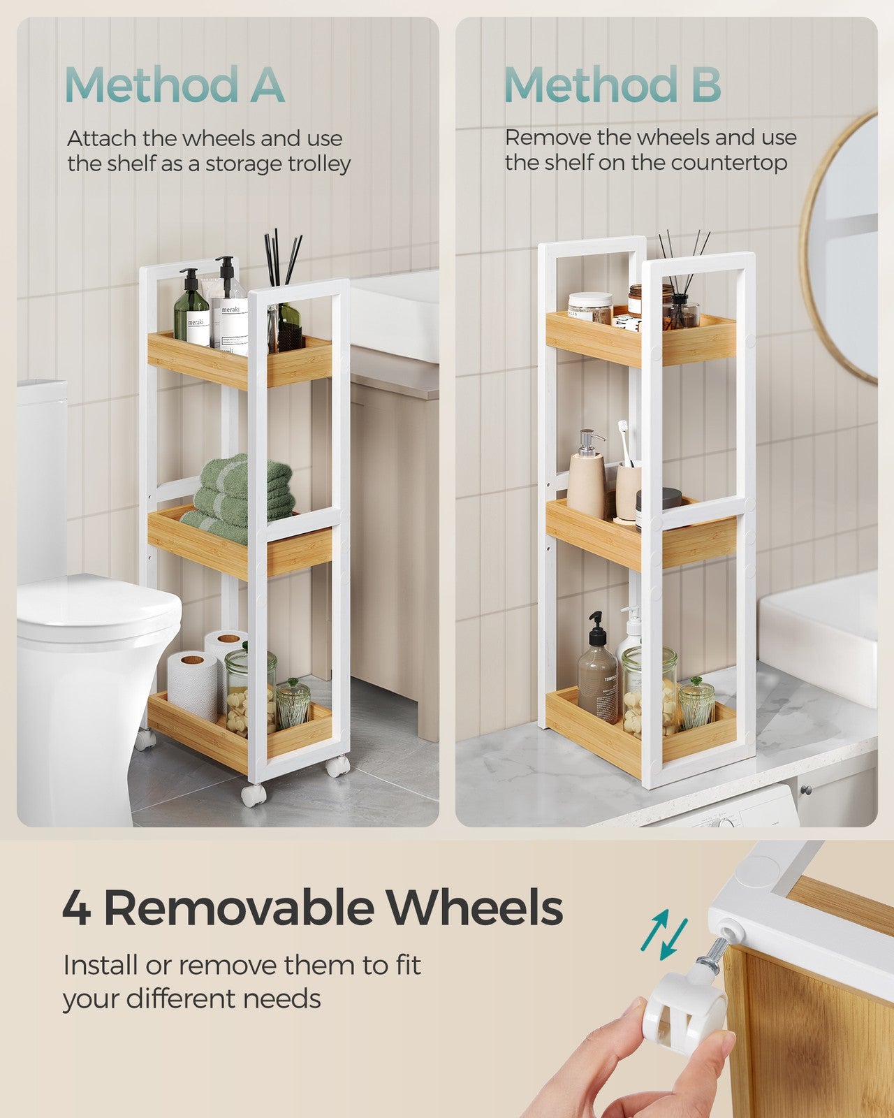 3-Tier Slim Storage Trolley White and Natural - image 3