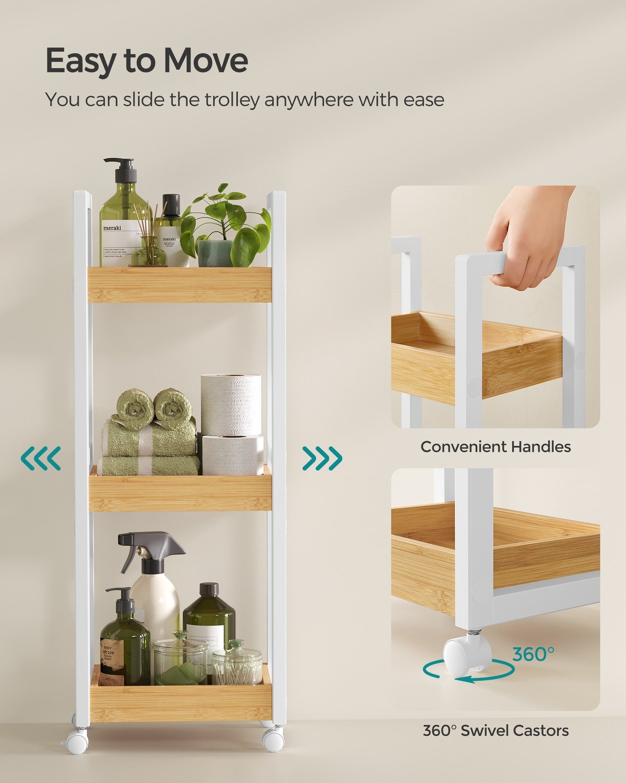 3-Tier Slim Storage Trolley White and Natural - image 5
