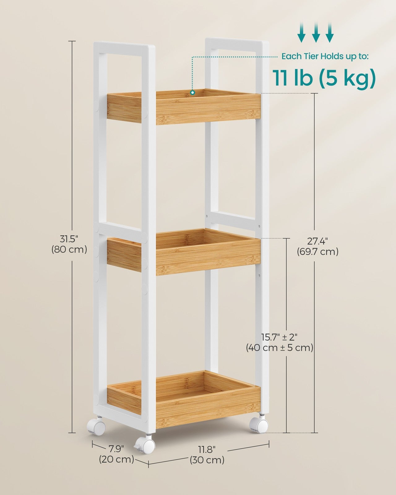 3-Tier Slim Storage Trolley White and Natural - image 6