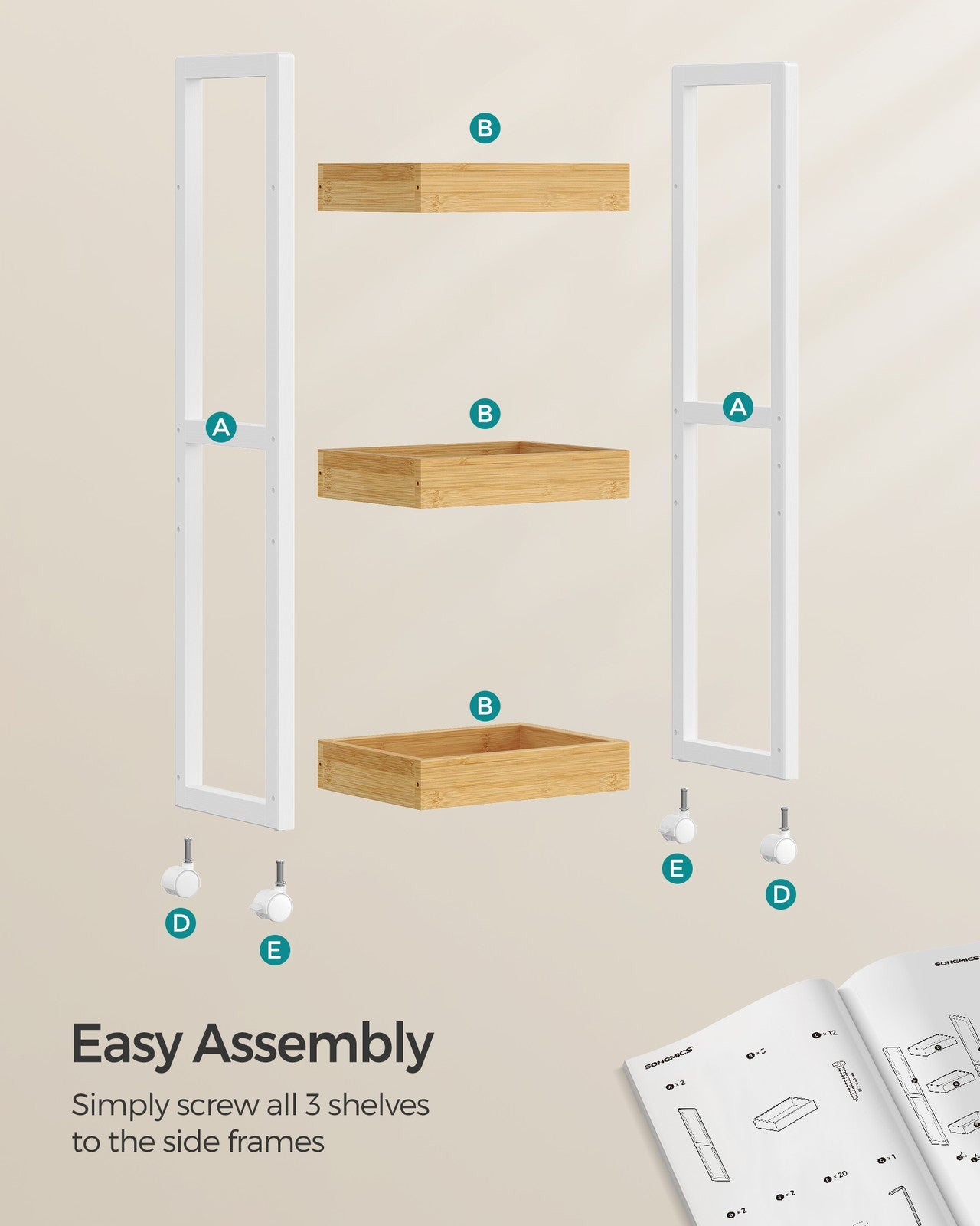 3-Tier Slim Storage Trolley White and Natural - image 7