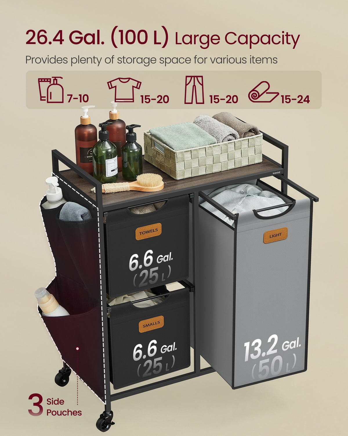 100 L Laundry Hamper with 3 Compartments Chestnut Brown, Ink Black and Dove Grey - image 3