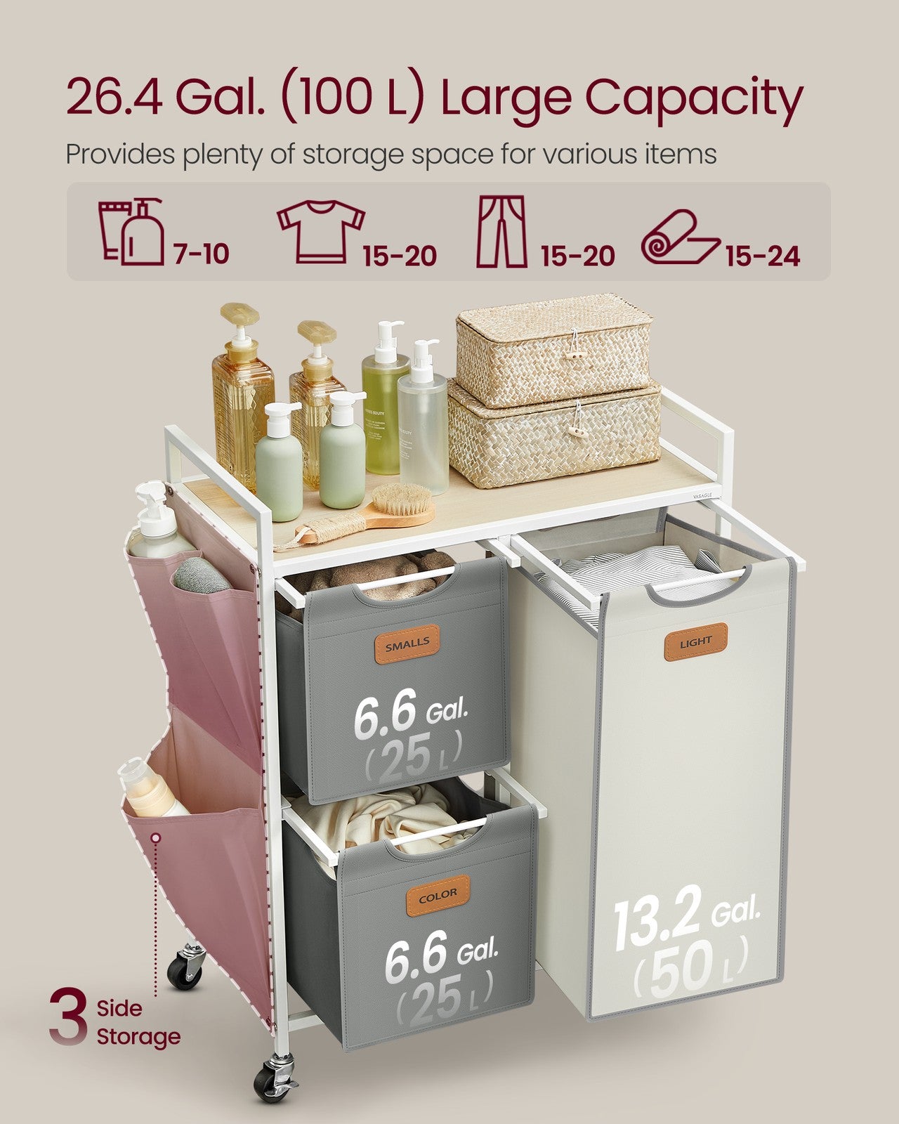 100 L Laundry Hamper with 3 CompartmentsNatural Beige, Dove Grey and Cream White - image 3