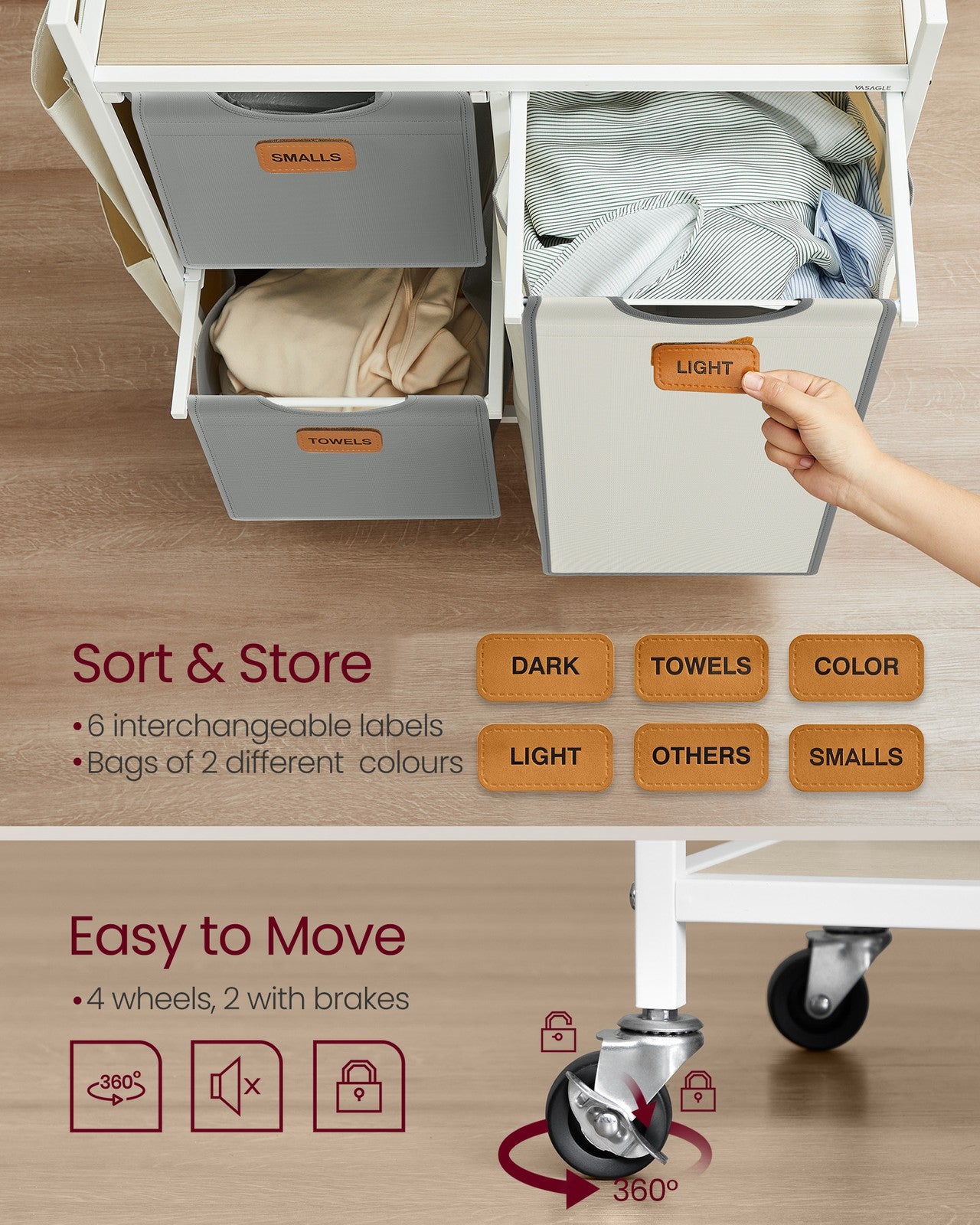 100 L Laundry Hamper with 3 CompartmentsNatural Beige, Dove Grey and Cream White - image 4