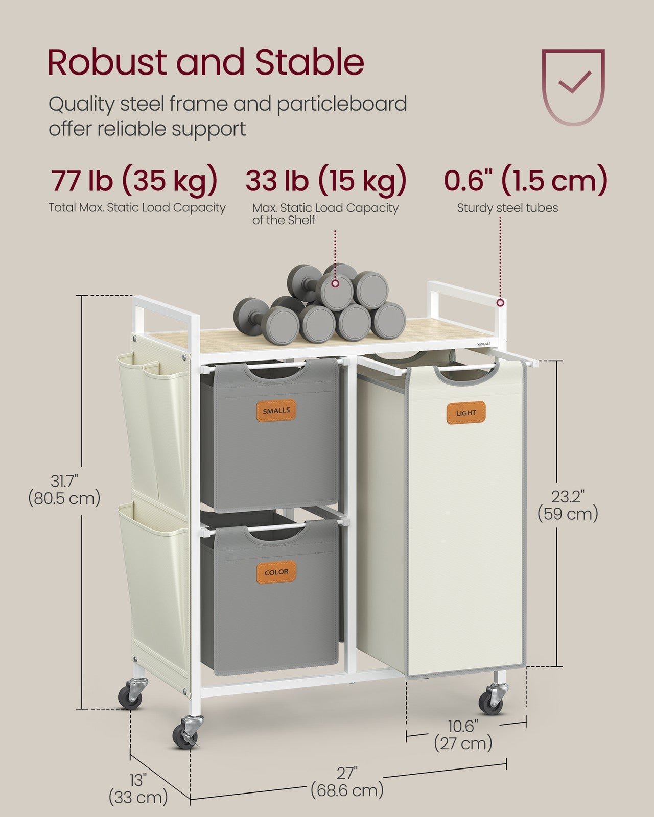 100 L Laundry Hamper with 3 CompartmentsNatural Beige, Dove Grey and Cream White - image 6