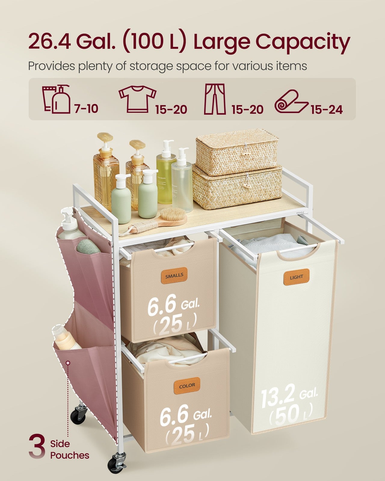 100 L Laundry Hamper with 3 CompartmentsNatural Beige, Dove Grey and Cream White - image 10