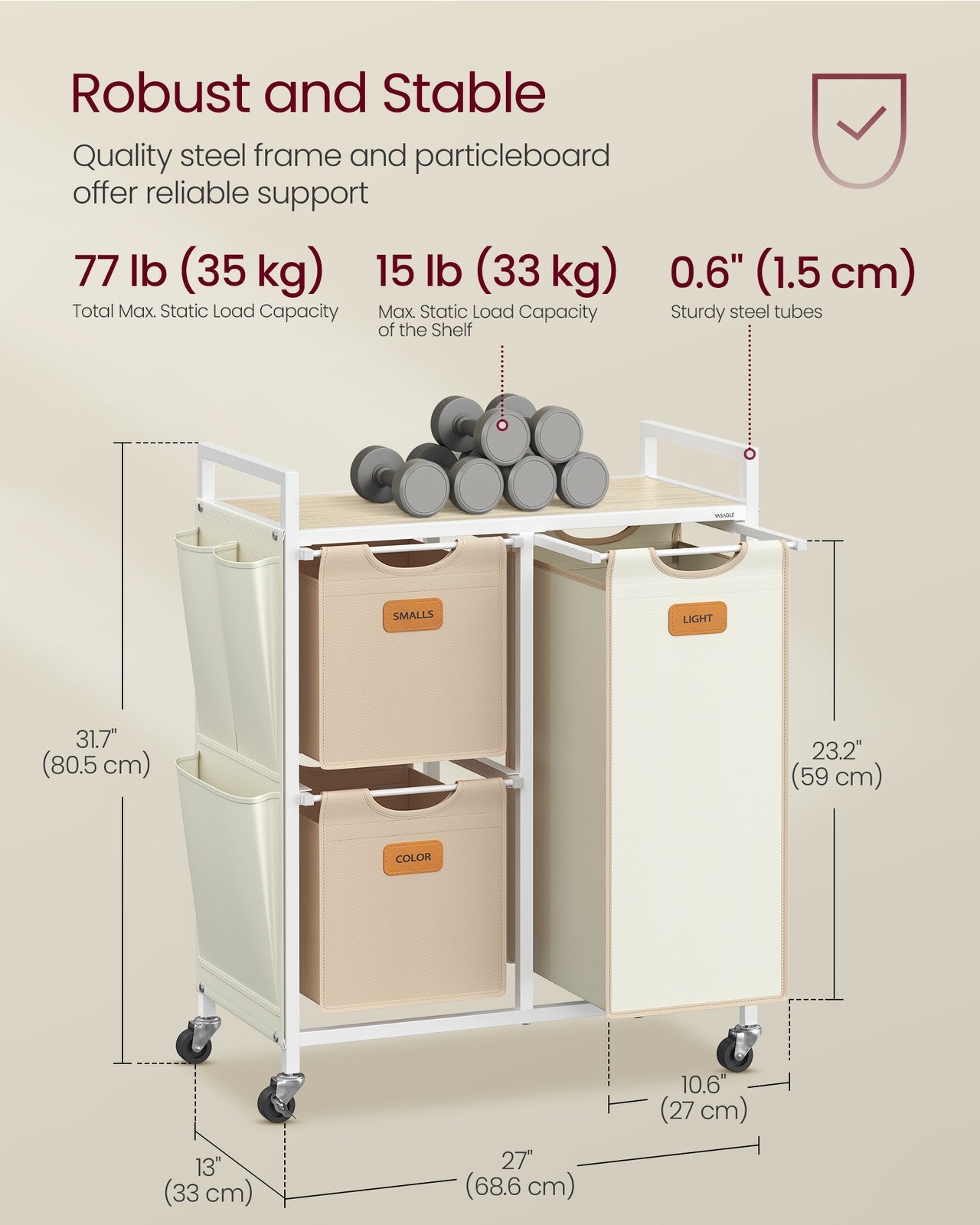 100 L Laundry Hamper with 3 CompartmentsNatural Beige, Dove Grey and Cream White - image 13