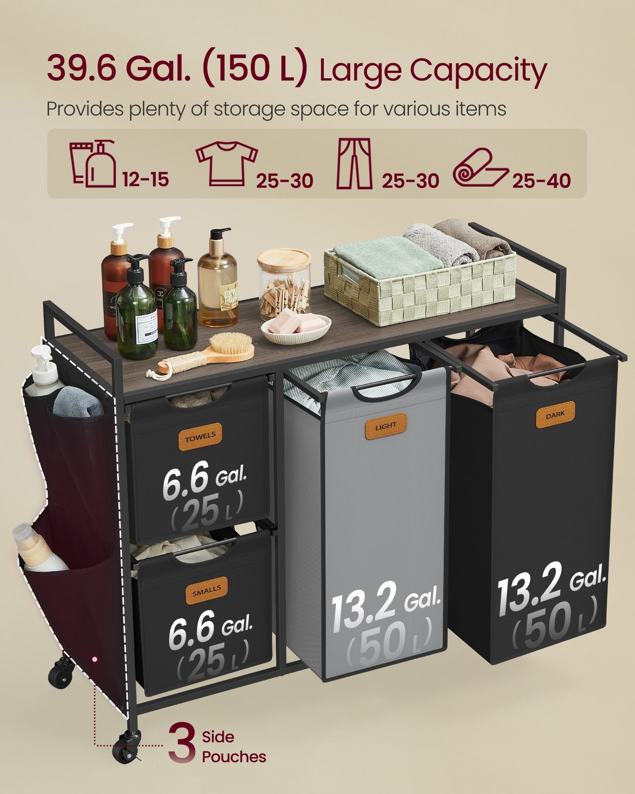 150 L Laundry Hamper with 4 Compartments Chestnut Brown, Ink Black and Dove Grey - image 3