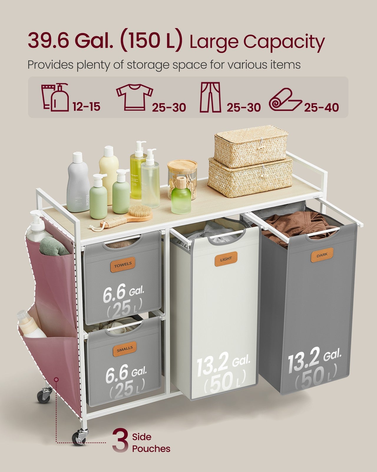 4-Bag Laundry Hamper Natural Beige Camel Brown Cream White - image 10