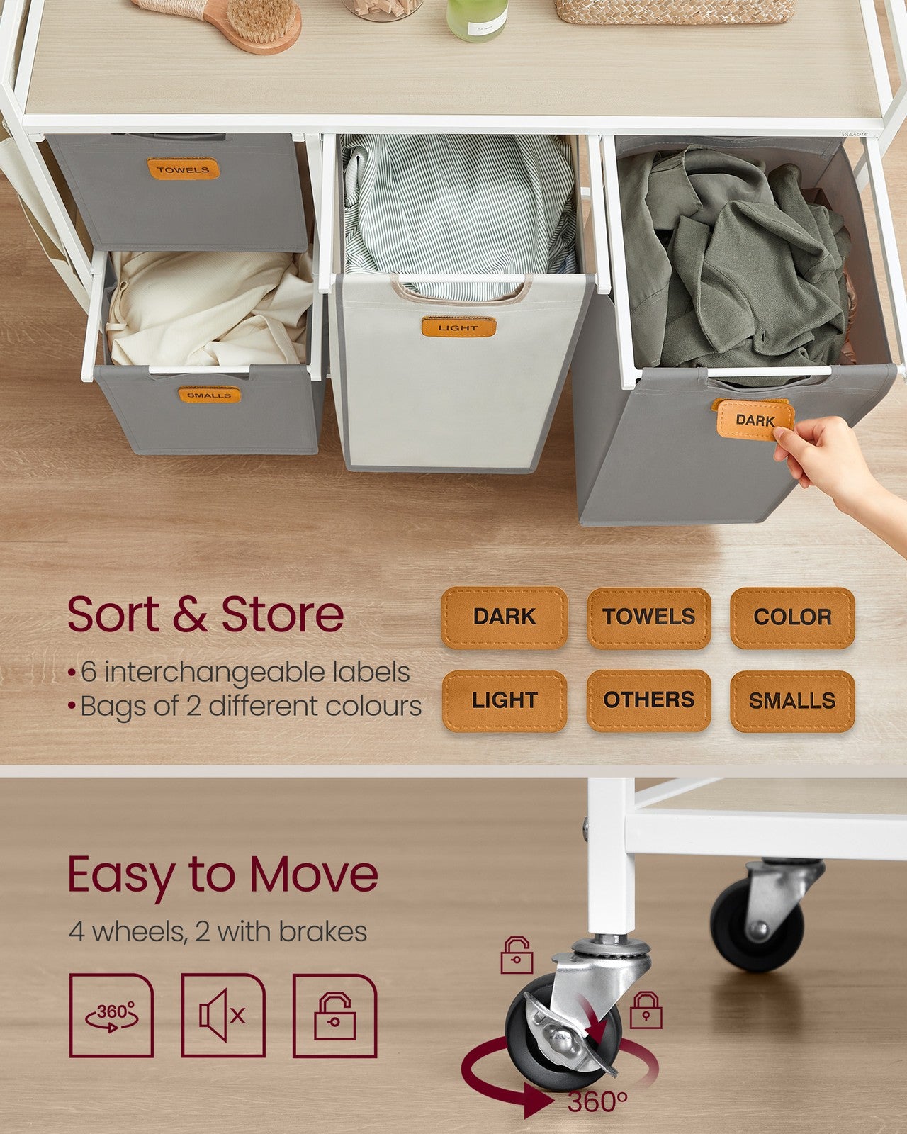 4-Bag Laundry Hamper Natural Beige Camel Brown Cream White - image 11