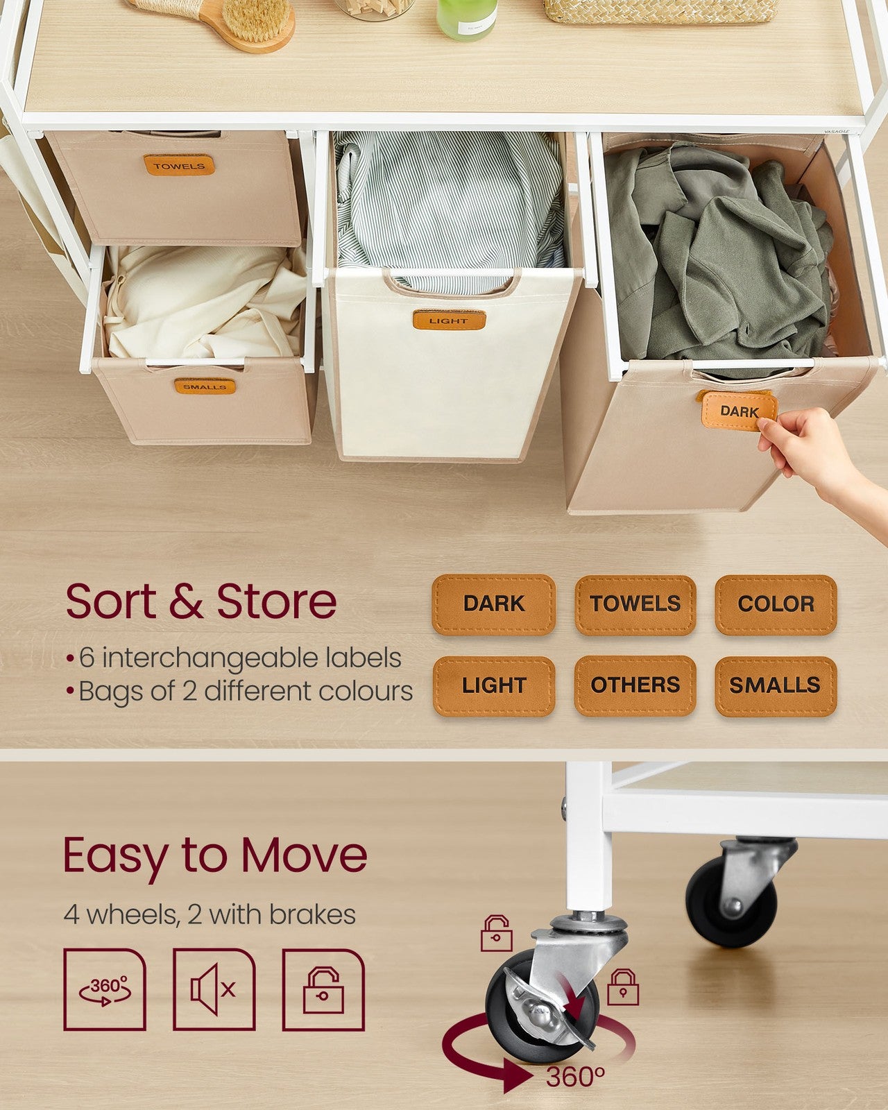 4-Bag Laundry Hamper Natural Beige Camel Brown Cream White - image 4