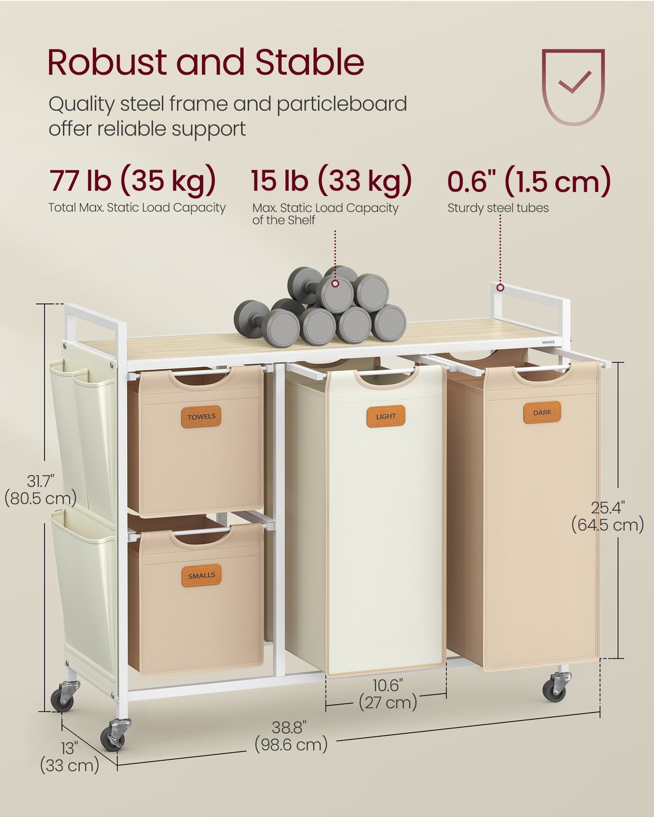4-Bag Laundry Hamper Natural Beige Camel Brown Cream White - image 6