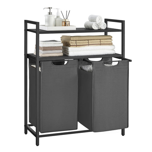 2 x 46L Laundry Basket with 2 Shelves Black and Grey - image 1