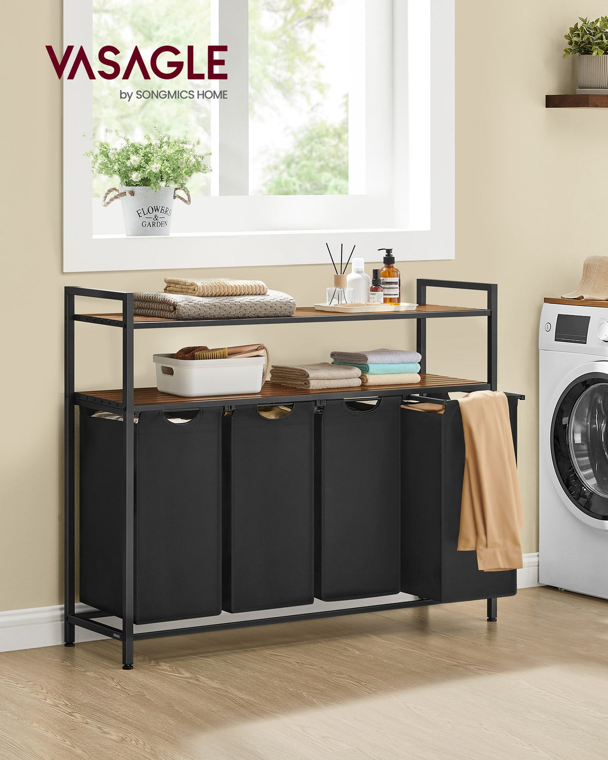 Laundry Basket with 4 Pull-Out Bags Rustic Brown and Black - image 2