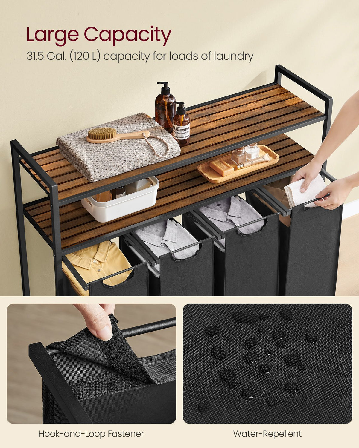 Laundry Basket with 4 Pull-Out Bags Rustic Brown and Black - image 3
