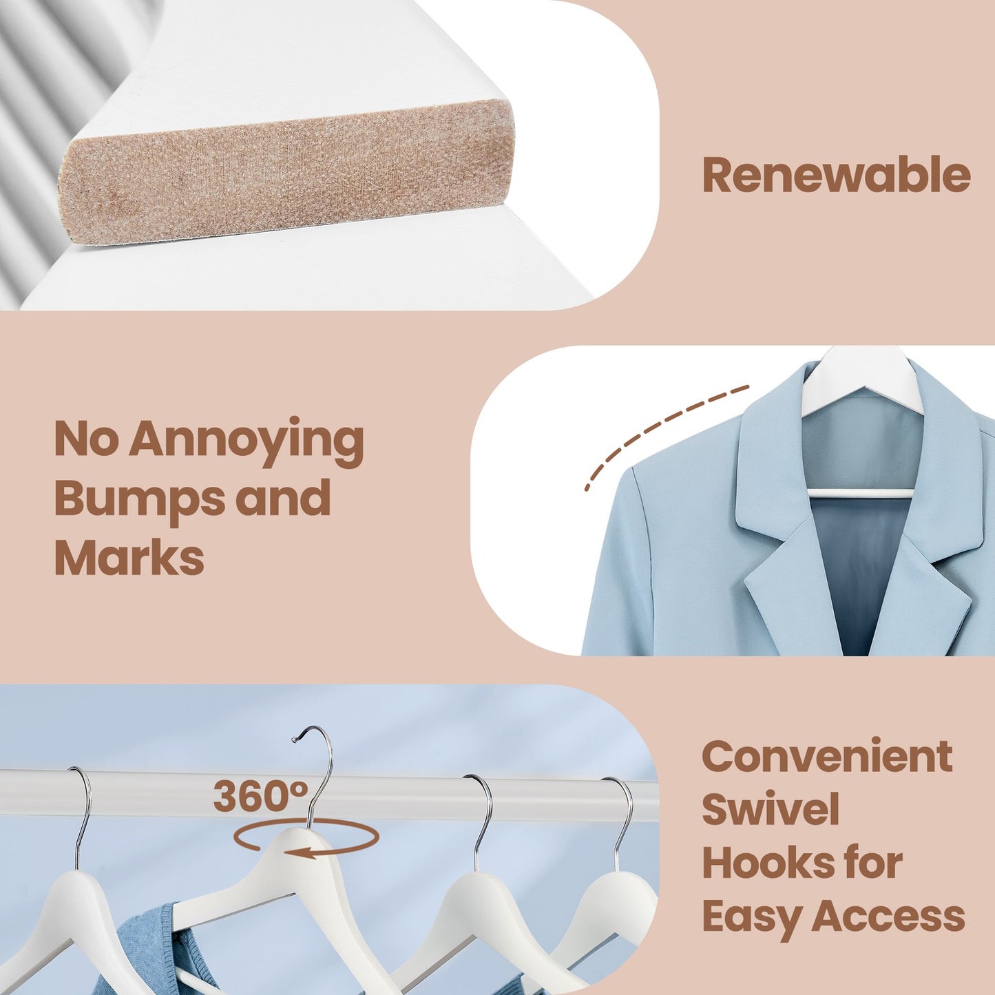 Set of 30 Clothes Hangers, Solid Birch Wood, Space Saving Coat Hangers with 360° Swivel Hooks - image 7