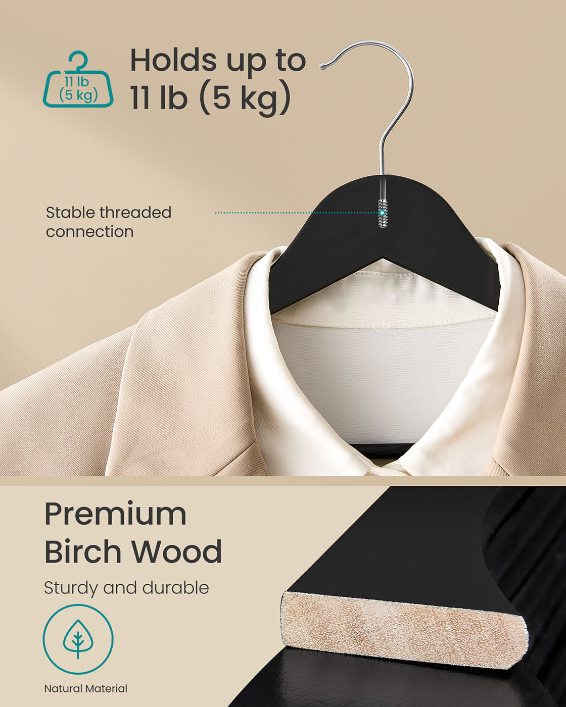 Wooden Hangers Pack of 20 Pants Bar 360° Swivel Hooks Ink Black - image 3