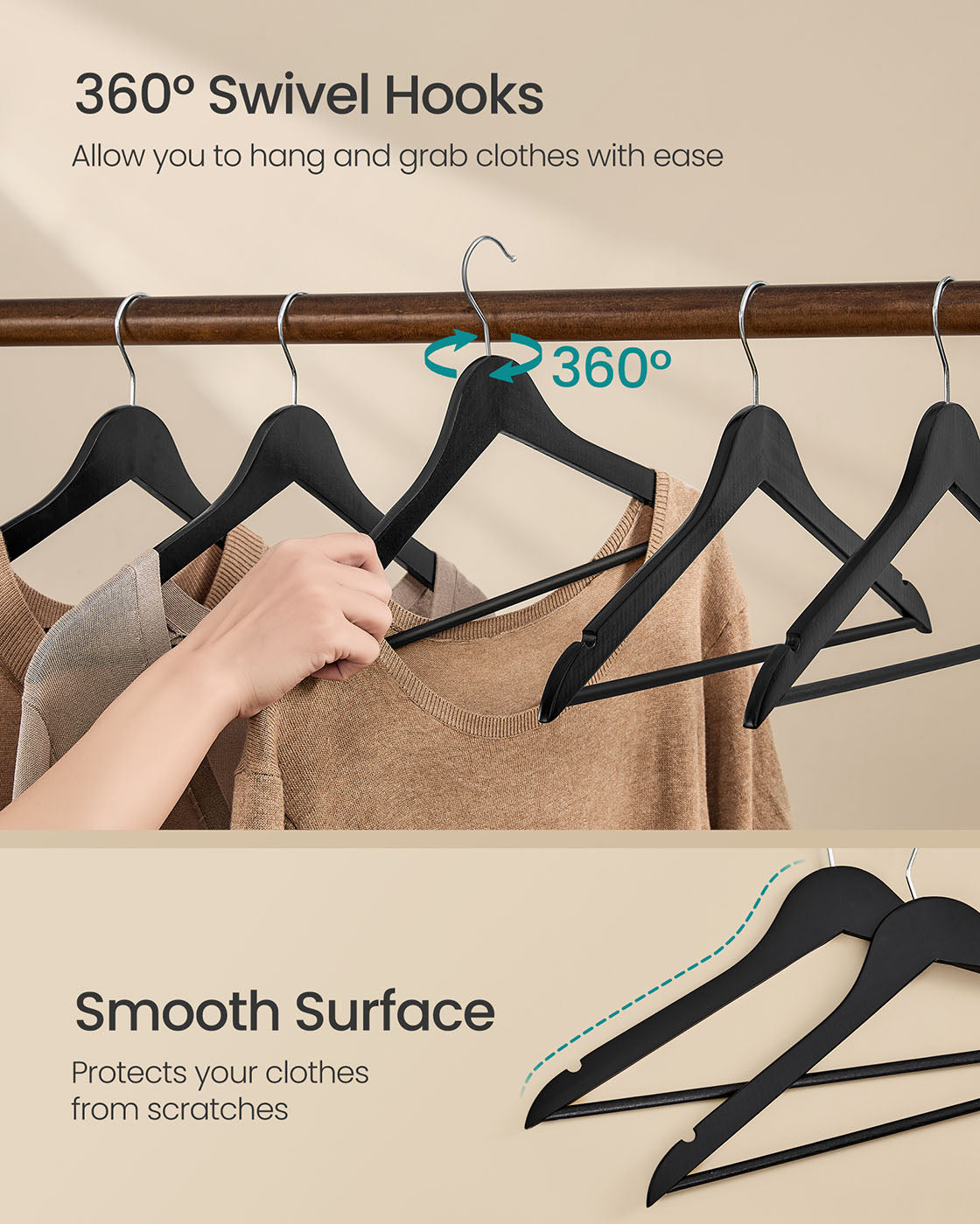 Wooden Hangers Pack of 20 Pants Bar 360° Swivel Hooks Ink Black - image 6