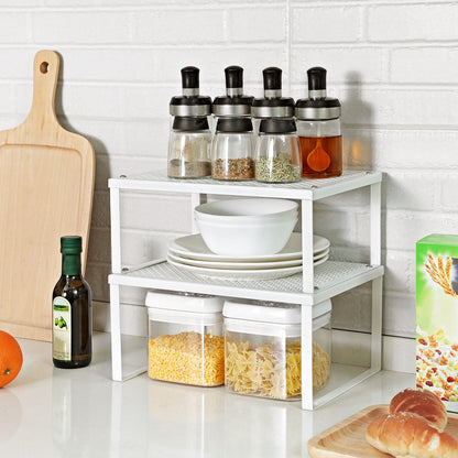 Set of 2 Cupboard Organisers, Kitchen Storage, Stackable, Expandable, Metal Counter Shelves, White - image 3