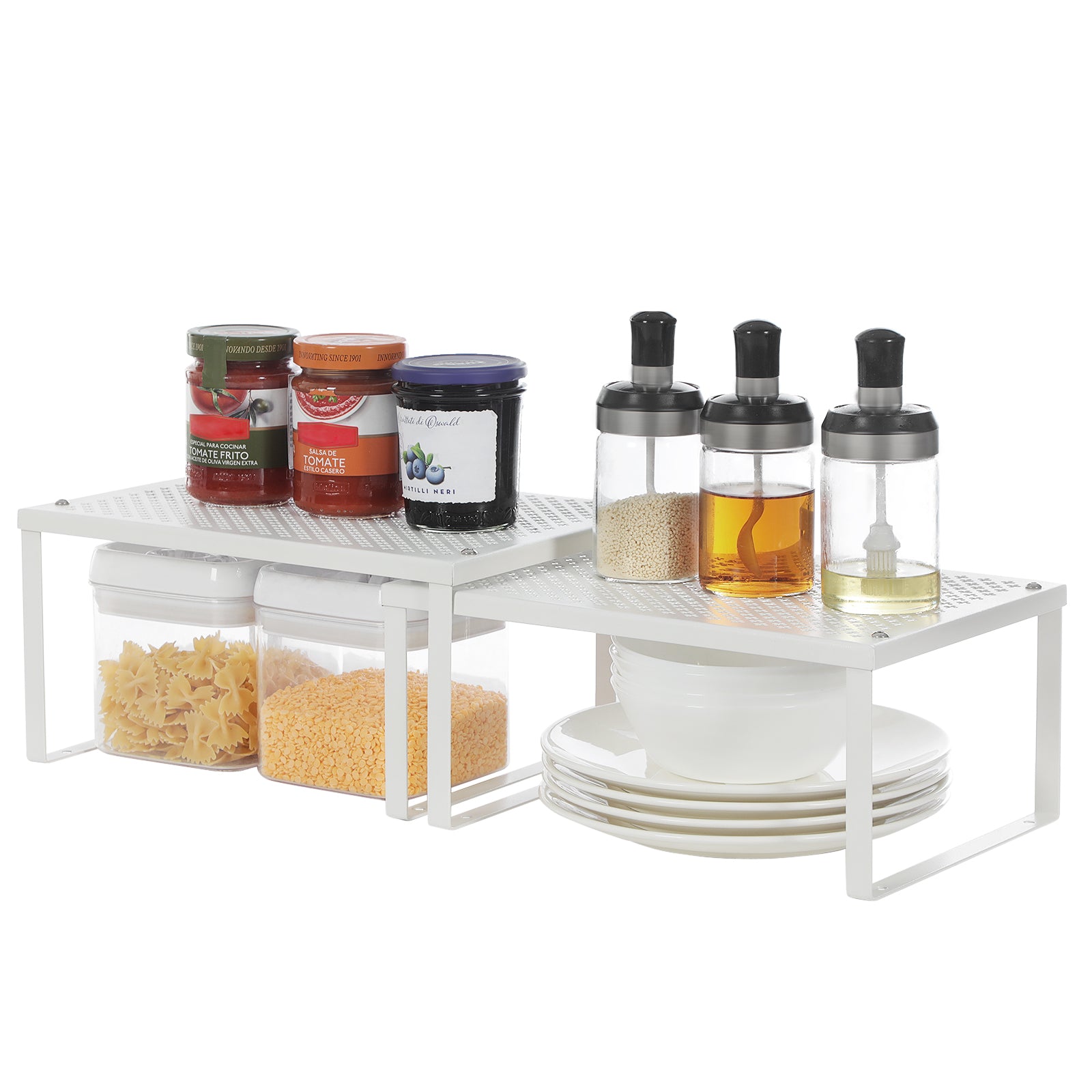 Set of 2 Cupboard Organisers, Kitchen Storage, Stackable, Expandable, Metal Counter Shelves, White - image 5