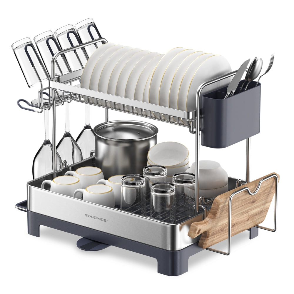 2 Tier Dish Rack for Kitchen Counter with Rotatable and Extendable Drain Spout