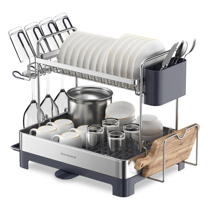 2 Tier Dish Rack for Kitchen Counter with Rotatable and Extendable Drain Spout