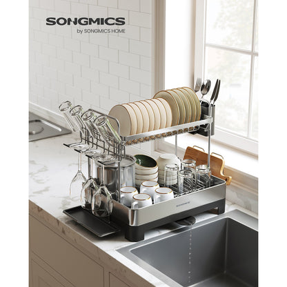 2 Tier Dish Rack for Kitchen Counter with Rotatable and Extendable Drain Spout
