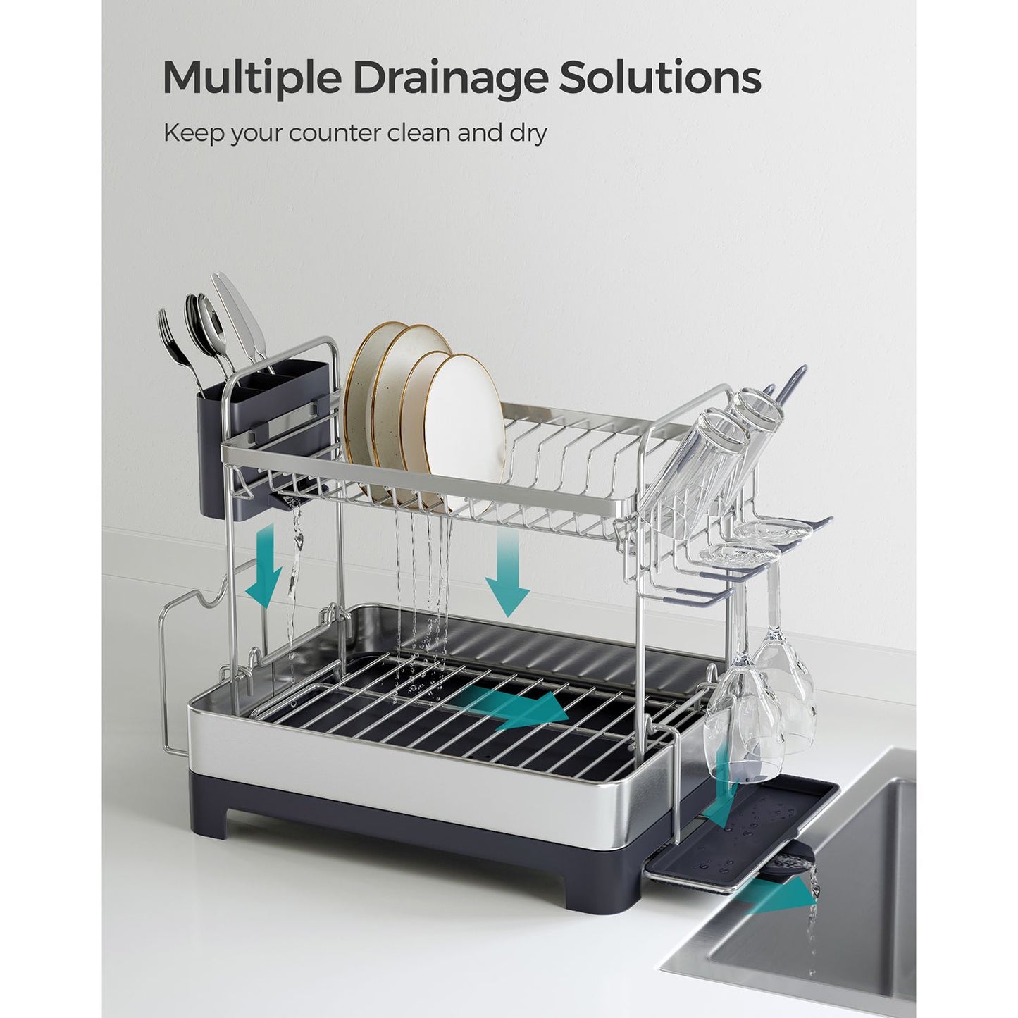 2 Tier Dish Rack for Kitchen Counter with Rotatable and Extendable Drain Spout