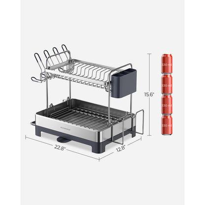 2 Tier Dish Rack for Kitchen Counter with Rotatable and Extendable Drain Spout