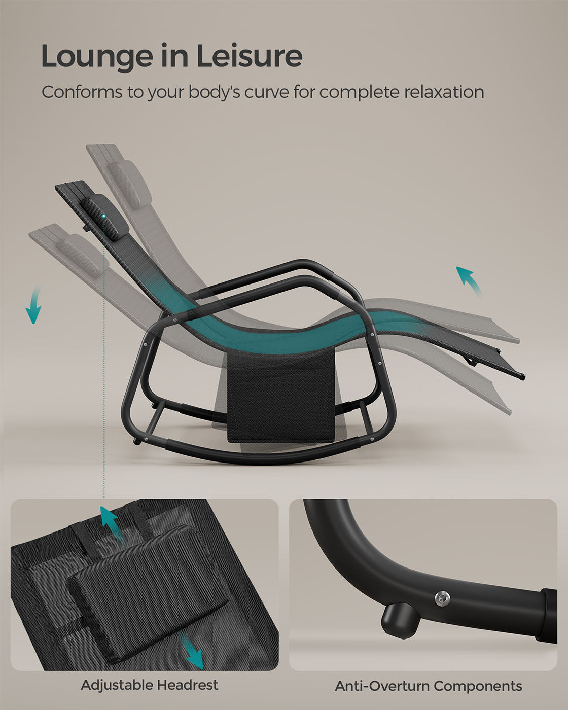Outdoor Lounger Recliner with Anti-Tipping Stops Ink Black - image 3