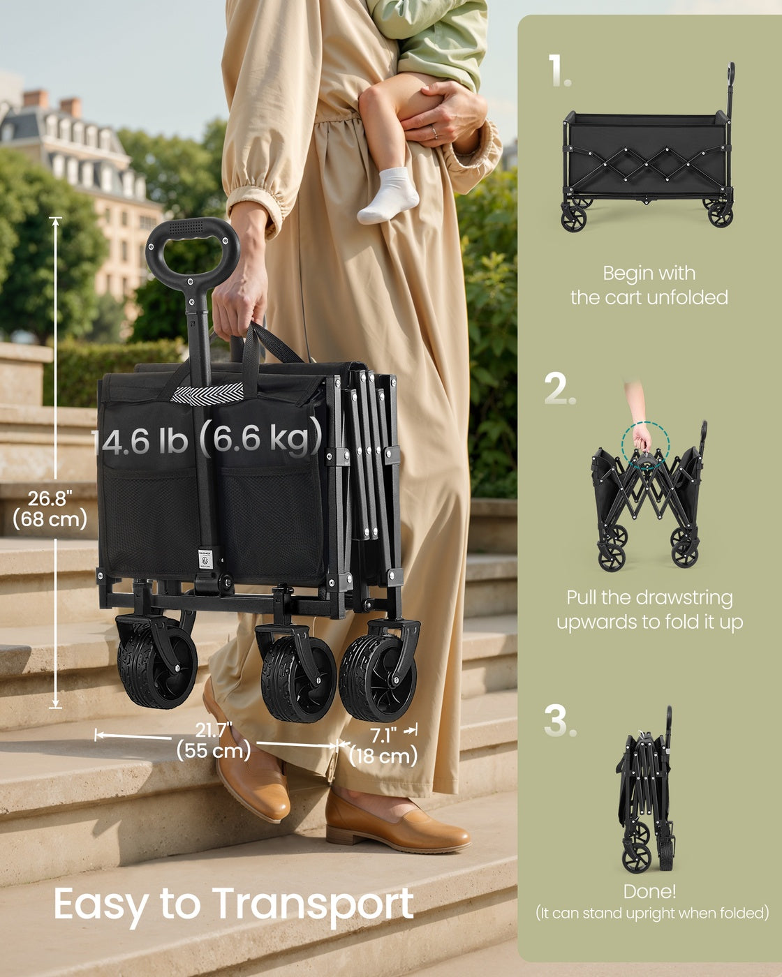Foldable Camping Cart with Adjustable Handle and 4 Reinforced Wheels Ink Black - image 4