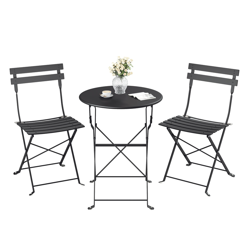3-Piece Folding Steel Bistro Set, Table & Chairs, Ink Black - image 1