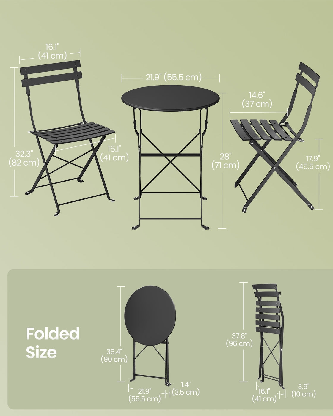 3-Piece Folding Steel Bistro Set, Table & Chairs, Ink Black - image 7