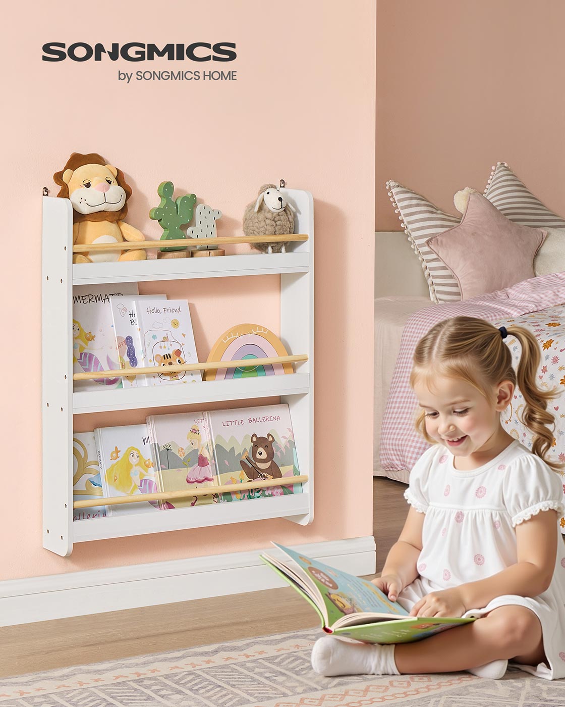 Kids Bookshelf Wall Shelf 3-Tier Children's Bookcase White and Natural - image 2