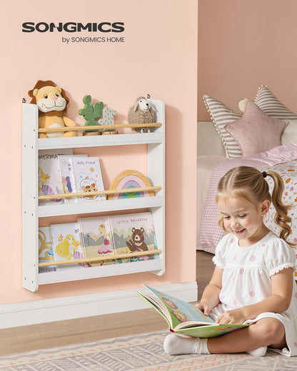 Kids Bookshelf Wall Shelf 3-Tier Children's Bookcase White and Natural - image 2