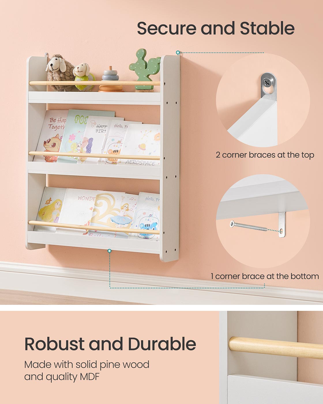 Kids Bookshelf Wall Shelf 3-Tier Children's Bookcase White and Natural - image 3