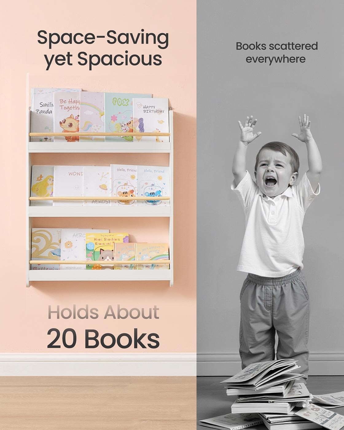 Kids Bookshelf Wall Shelf 3-Tier Children's Bookcase White and Natural - image 4