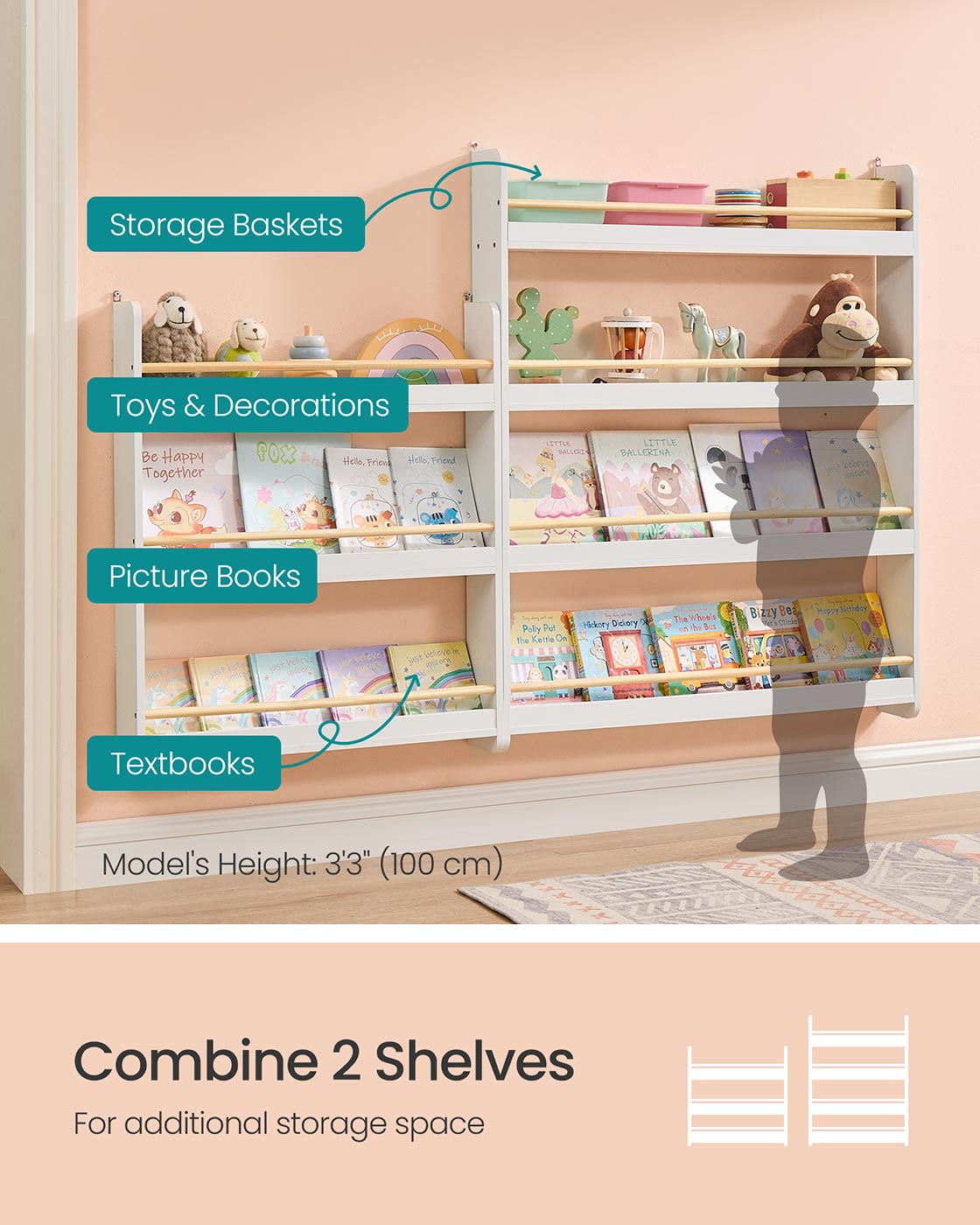 Kids Bookshelf Wall Shelf 3-Tier Children's Bookcase White and Natural - image 5