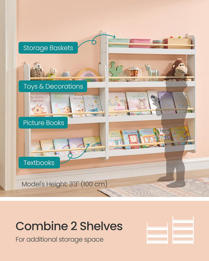 Kids Bookshelf Wall Shelf 3-Tier Children's Bookcase White and Natural - image 5