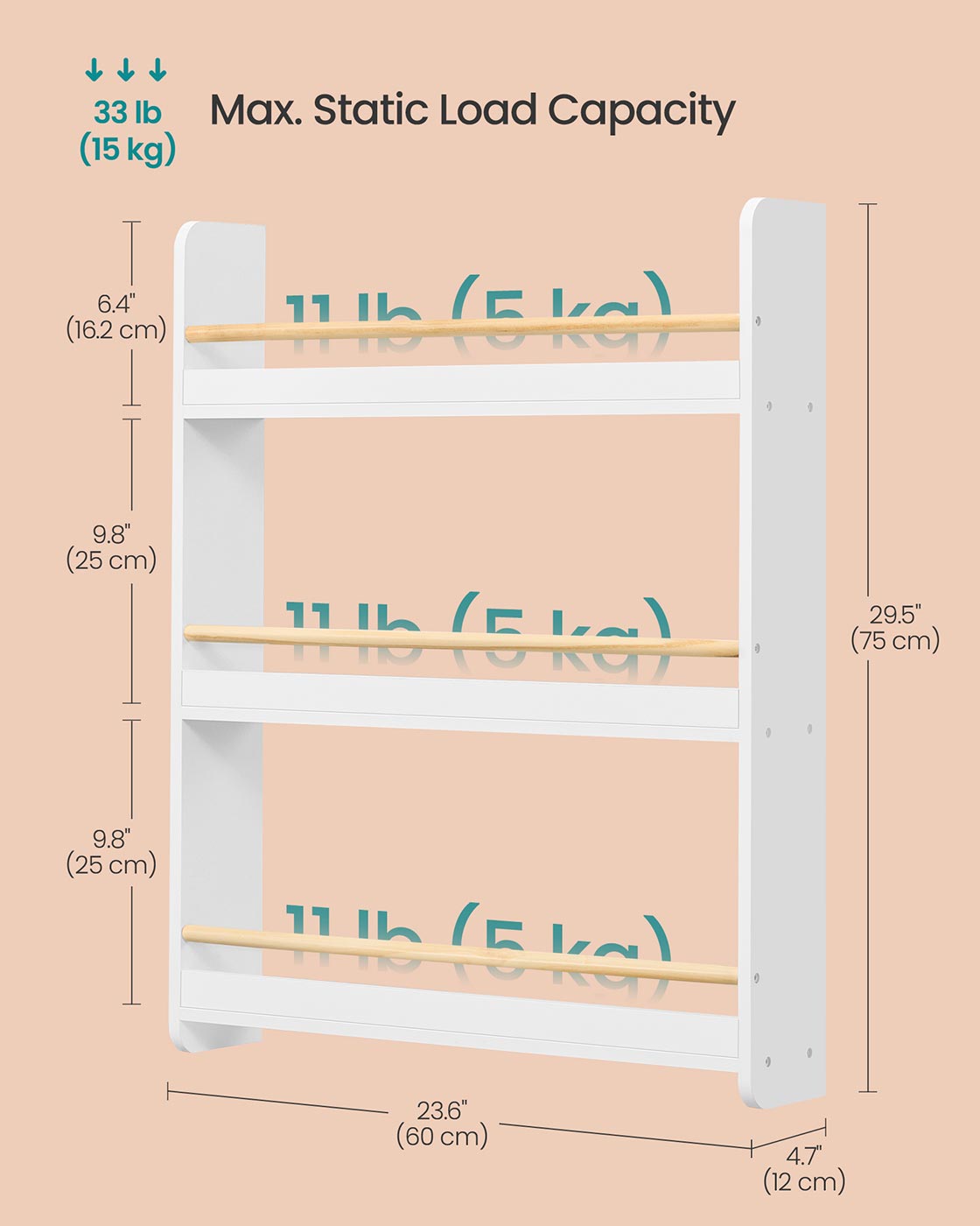 Kids Bookshelf Wall Shelf 3-Tier Children's Bookcase White and Natural - image 6