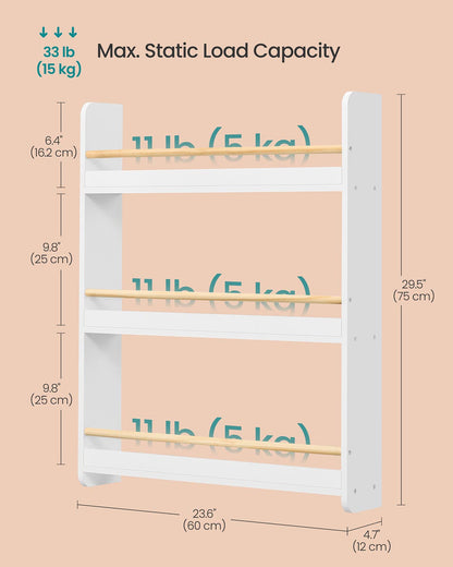 Kids Bookshelf Wall Shelf 3-Tier Children's Bookcase White and Natural - image 6
