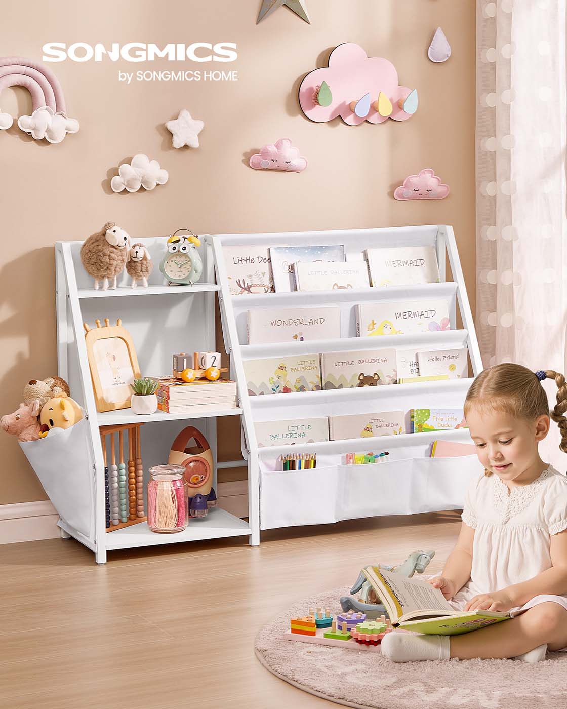 Kids bookshelf and toy organiser with side pocket - image 2