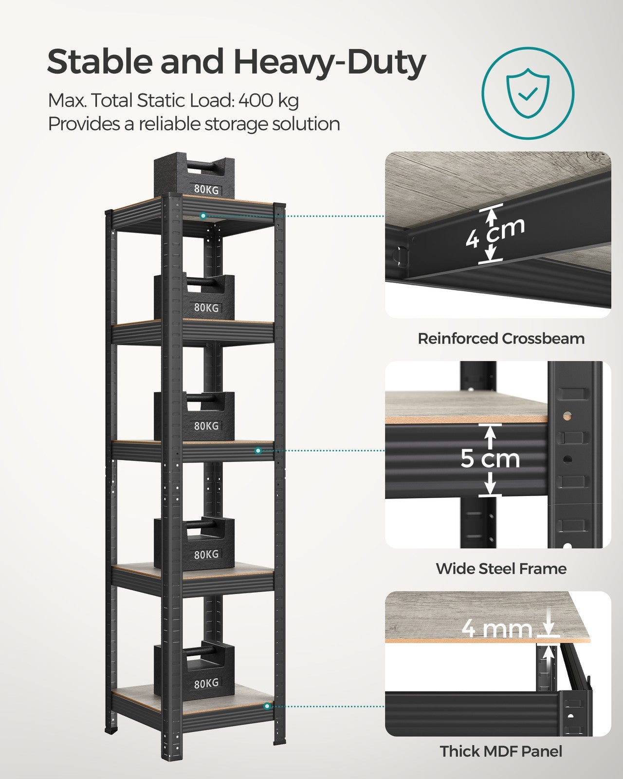 37 cm Wide Shelving Unit Max. Load 400 kg Greige and Black - image 5