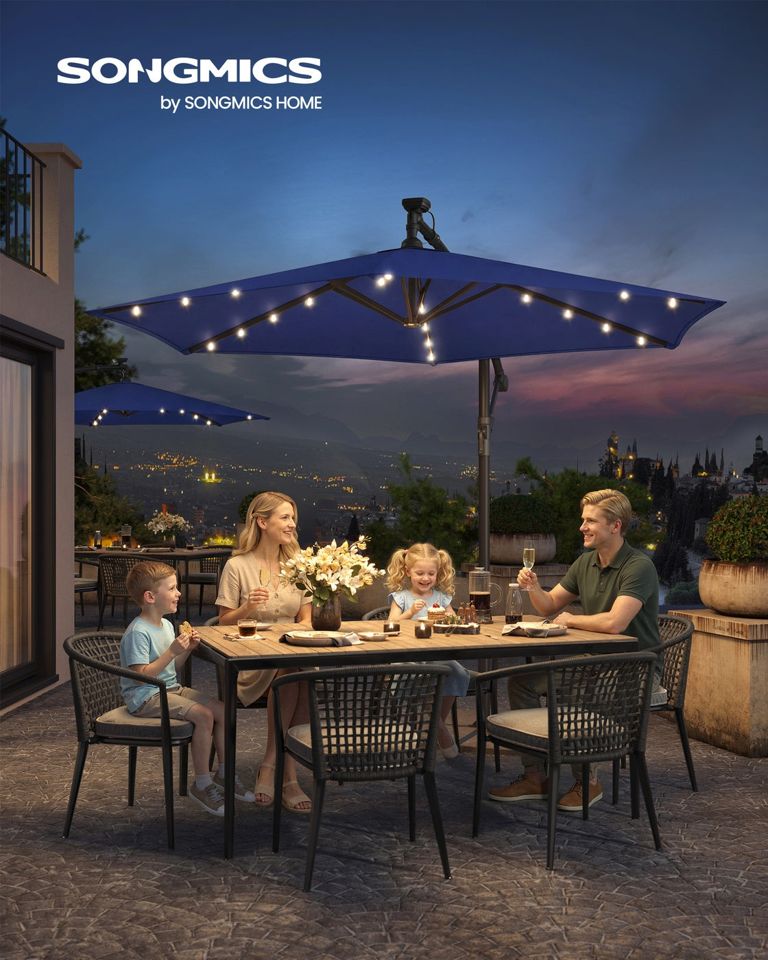Cantilever 3 m Garden Parasol Umbrella with LED, Navy Blue - image 2